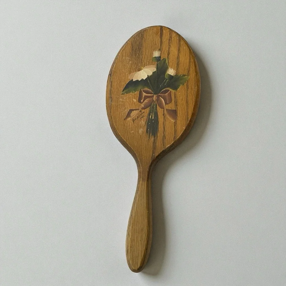Vintage Wooden Hand Mirror, Beveled, ‎ handpainted Floral Design - Artist Signed